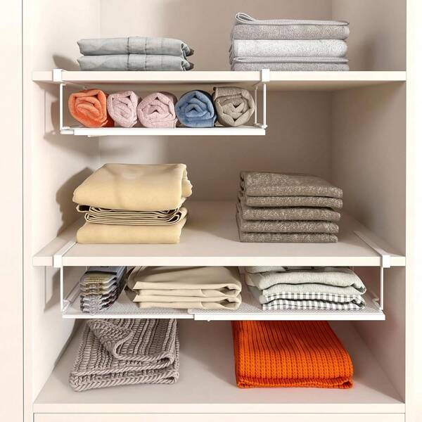 Cesta colgante bajo estante de metal con estante elevado ajustable de 38-70 cm, organizador en muebles de cocina, despensa, zapateros y armarios (blanco)