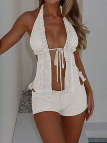 Y2k Crochet Knitted Two Piece Outfit For Women Beach Vacation Clothes Outfit Sexy Hollow Out Tie Front Halter Backless Split Crop Tank Tops + Slim Fit Low Rise Mini Shorts Set Summer Club Beachwear 2 Piece Outfit - trắng - Xem 1