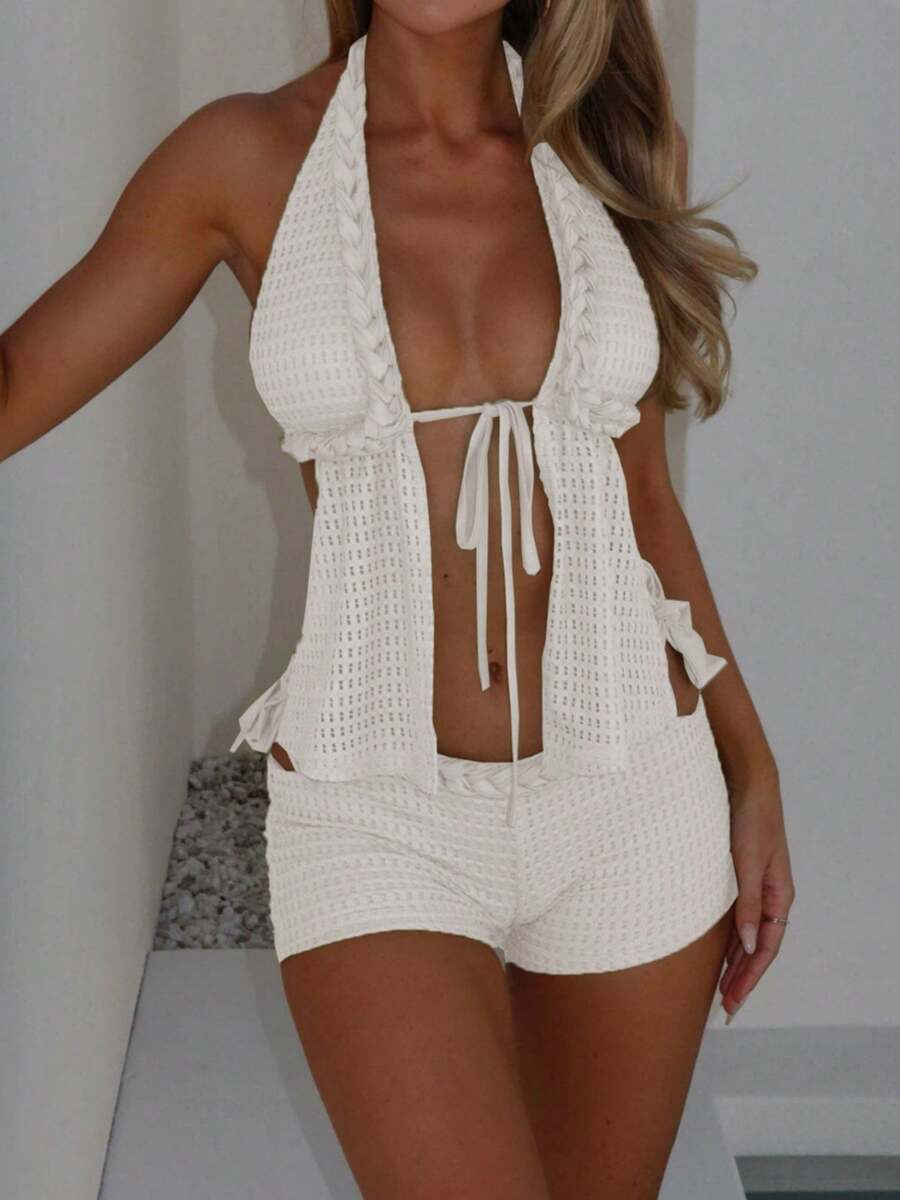 Y2k Crochet Knitted Two Piece Outfit For Women Beach Vacation Clothes Outfit Sexy Hollow Out Tie Front Halter Backless Split Crop Tank Tops + Slim Fit Low Rise Mini Shorts Set Summer Club Beachwear 2 Piece Outfit - trắng - Xem 1