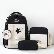 Nuevo juego de cuatro piezas de mochila para la temporada de vuelta al colegio, diseño de color sencillo y lindo con elemento de estrella de cinco puntas de béisbol, mochila de gran capacidad clásica y versátil, apertura de cremallera, plegable, con múltiples bolsillos y compartimentos, que incluye bolsa escolar, bolso bandolera, estuche de lápices y monedero redondo pequeño, mochila juvenil. Bolsa escolar imprescindible, adecuada tanto para niños como para niñas.