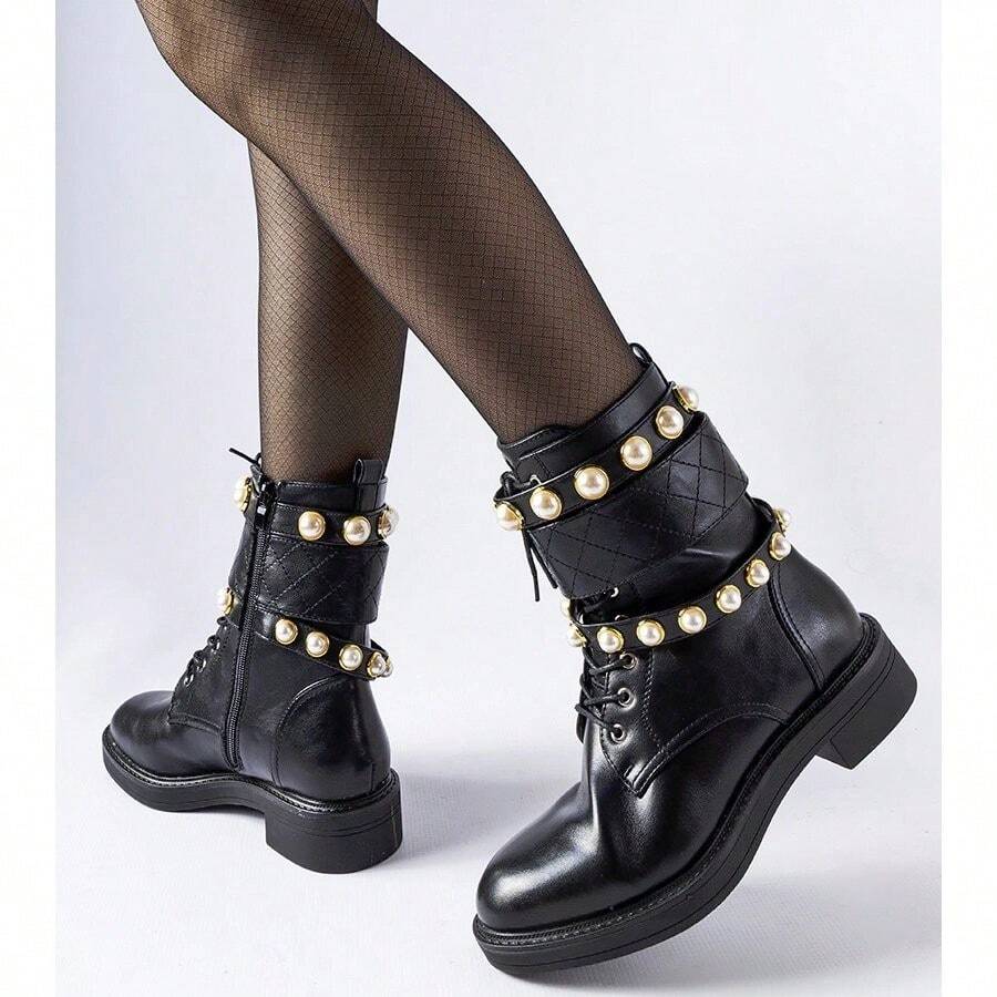 Bottes de cheville isolées noires avec perles artificielles - Noir - Voir 1