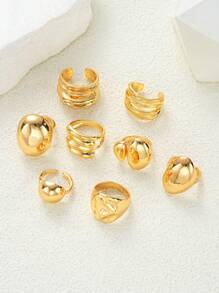 17KM 15/10/8Pcs Punk Smooth Geometric Open Rings Set For Women Old Money Exaggerated Irregular Silvery Golden Color Thick Chunky Ring Hip Hop Jewelry Gifts