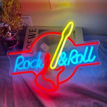 FOMZZE Neon-Licht Gitarren-förmige LED Wanddekoration, USB betriebene Lampe für Musikveranstaltungen, Bar, Heimdekoration - Blau und Gelb Neon-Licht, Musik-Themen Dekoration | Rock Muster | Dekorative LED-Beleuchtung, Gitarren Dekoration