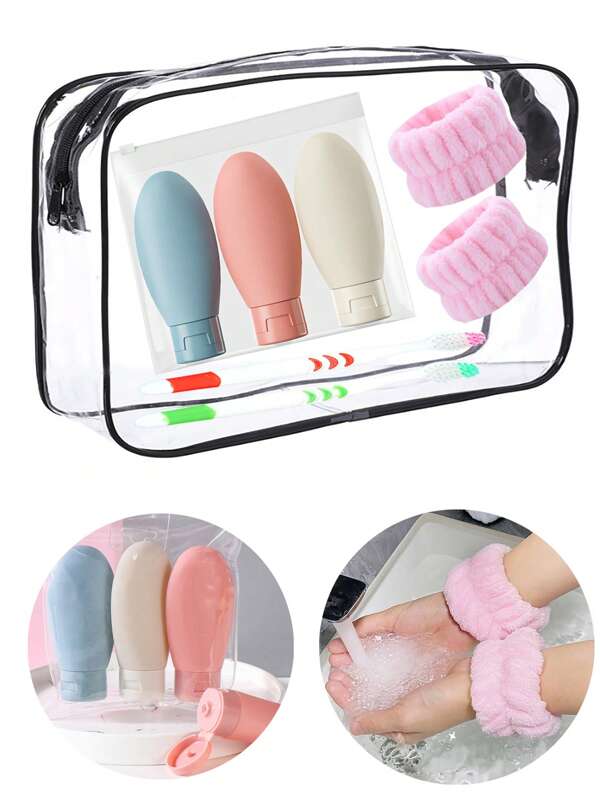 8 Pieces Of Transparent Travel Toiletries In Separate Bottles, 60ml Portable Business Trip Cosmetics, Shampoo, Body Wash, Lotion In Separate Bottles, Face Washing Wristband, Toothbrush Set As A Gift Back To School
