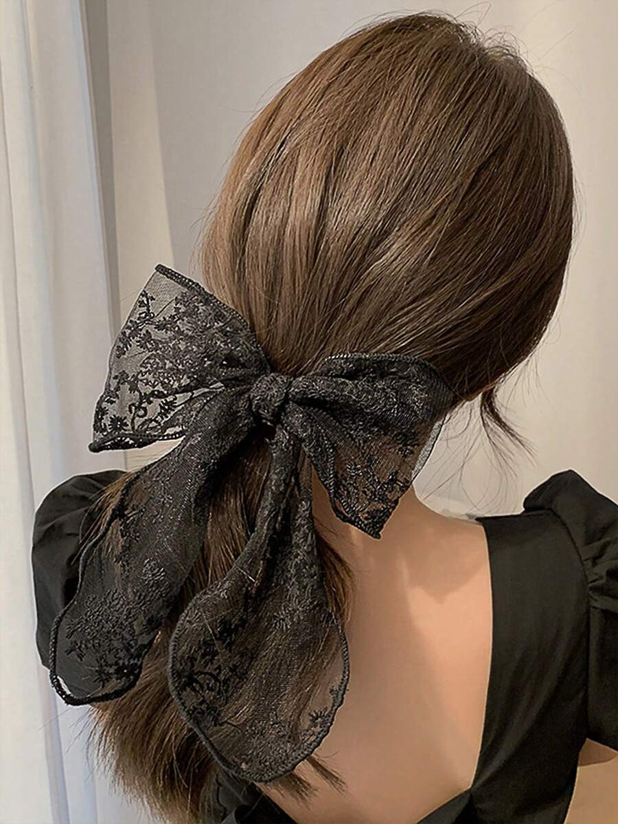 白色蕾丝蝴蝶结马尾夹，简约优雅的女孩发饰，爪夹发夹，发卡，校园用品，学院风，蝴蝶结，可爱，高贵，冬季女装，发饰，头饰，发夹 - 黑色 - 查看 1