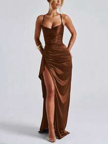 Elegant Sexy Satin Strapless Off Shoulder Frill Trim Waist Party Dress, Bridesmaid Dress, Formal Gown - Brown - View 3