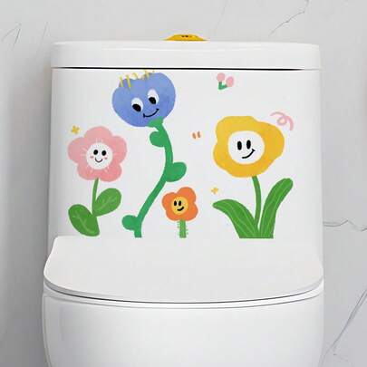 Cartoon Flowers Toilet Sticker, Cartoon Style, Colorful Flowers Wall Decor For Bathroom, Bedroom, Study Room, Kitchen Art Refrigerator Background Decorative Wall Stickers Self-Adhesive Bathroom Seat Lid Stickers