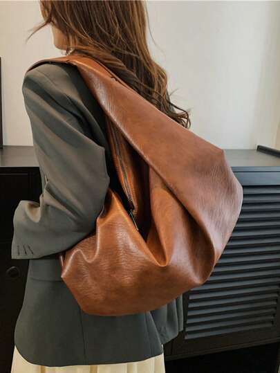 حقيبة يد نسائية ذات لون أحادي ونسيج مجعد، سعة كبيرة للكتف للعمل والاستخدام اليومي، حقيبة متعددة الاستخدامات عالية الجودة للتنقل اليومي بشكل عفوي