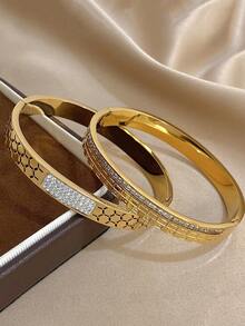 18K 镀金不锈钢奢华优雅几何锆石钻石可叠戴手镯套装，适合女士、妈妈礼物、圣诞节感恩节万圣节婚礼狂欢/舞会/派对/日常配饰、周年纪念礼物、情人节波西米亚风珠宝生日伴娘礼物 Y2K 精致时尚手镯