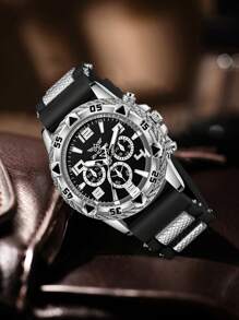 3 PiecesMen's Black Strap Fashion Business Mixed Scale Three Eye Dial Quartz Watch Bracelet Jewelry Set Suitable For Daily Wear Decoration Or Holiday Gifts