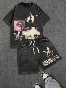 Urban Grunge Y2K Men's Printed Short Sleeve T-Shirt Set, Men, Ropa De Hombre, Men Shorts Set, Pantalones De Hombre, Shorts For Men, Graphic Tees Men - 黑色 - 查看 1
