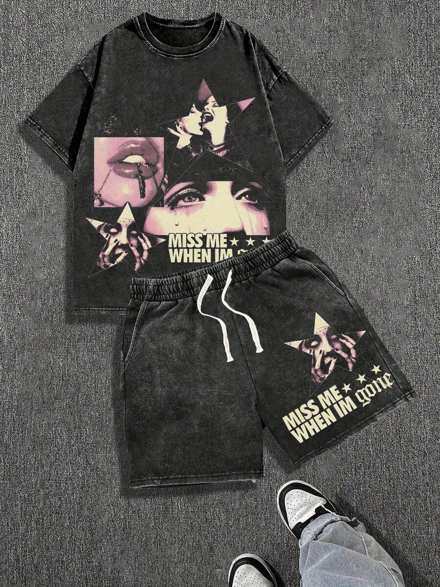 Urban Grunge Y2K Men's Printed Short Sleeve T-Shirt Set, Men, Ropa De Hombre, Men Shorts Set, Pantalones De Hombre, Shorts For Men, Graphic Tees Men - 黑色 - 查看 1