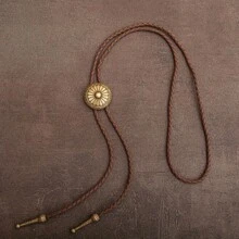 1pc Vintage Bolo Tie Long Necklace, Western Style Round Patterned Pendant