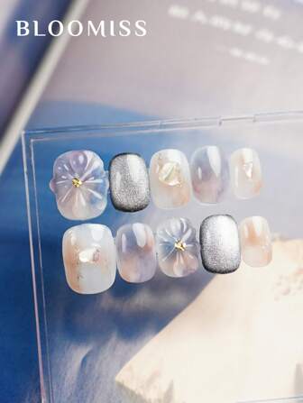 10 片手工制作的短款按压式指甲，蓝色指甲，夏季指甲，可重复使用假指甲