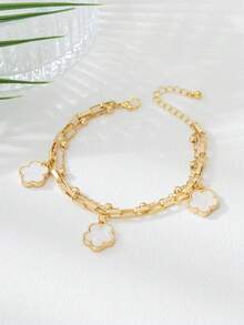 1pc Sweet & Refreshing Lucky 5-Leaf Clover Pendant Double Layer Anklet, Suitable For Beach Vacation, Travel, Evening Wear (The Number Of Beads On The Chain May Vary Randomly Due To Handmade Cutting, The Length Is Fixed) - White - View 2