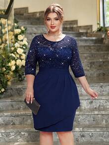 亮片花卉蕾丝撞色荷叶边裹身下摆晚会商务工作紧身连衣裙，优雅半正式婚礼宾客礼服，适合生日、毕业典礼、晚宴、返校节、鸡尾酒会 - 藏蓝色 - 查看 11