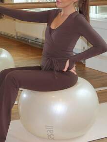 Women Y2K Pilates Wrap Top Long Sleeve Deep V Neck Tie Front Workout Ballet Pilates Yoga Shirt Casual Slim Fit Sports Active Tops - 棕色 - 查看 7