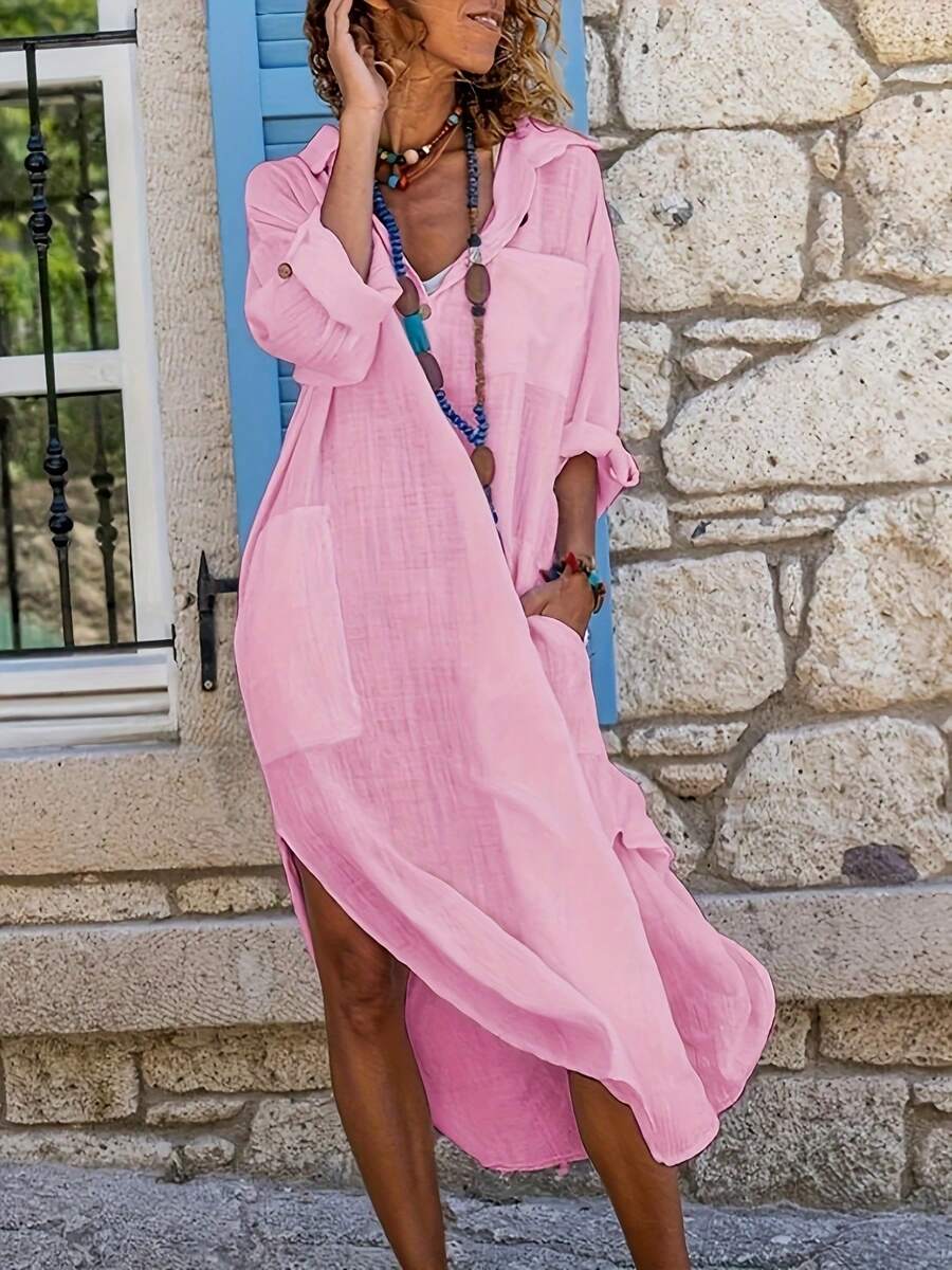 Solid Color Elegant Bohemian Woven Fabric Pocket Button Front Long Sleeve Casual Dress, Spring/Summer