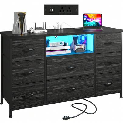 EnHomee Black Dresser TV Stand For 55'' With LED Lights & Charging Station, Dresser For Bedroom With 8 Drawer, Chest Of Drawers With Open Shelves, 6 Adjustable Feet, Hallway, Entryway, Closet