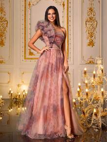 SHEIN X Hannahelzahed VIPGIRL SHEINXHannah sinnlicher einschwriger Farbverlauf Blumen Abendkleid für Frauen, Tüll Ballkleid mit Rüschendetails und hohem Schlitz, elegantes bedrucktes Abendkleid, Farbverlauf Mesh Formelles Kleid, Frauen Formelle & Abendkleider, Partykleid, Brautgast - Verschiedenfarbig - Übersicht 7