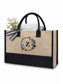 1/2 pezzi Borsa shopping tela con stampa lettere iniziali dalla A alla Z, con borsa portaoggetti cosmetici inclusa, borsa personalizzata, grande capacità, adatto per matrimoni, compleanni, spiaggia, vacanze, scuola, ottimo regalo per donne, mamme, insegnanti, amiche, damigelle d'onore, studenti, borsa grande. Borsa casual capiente e portatile, adatta per lo shopping multifunzionale