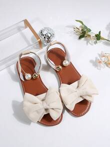New Plus Size Women Comfy Simple Round Toe Bow Decor Metallic Bead Flat Slides Sandals, Casual Fashion Open Toe Beach Vacation Summer Shoes - Beige - View 7