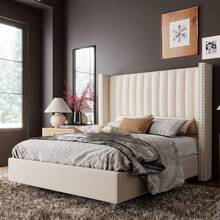 Queen/King Size Upholstered Platform Bed Frame With Tall Wingback Headboard, Velvet Fabric And Durable Frame, Easy Assembly, Noise-Free Support, No Box Spring Required, Cream - 奶油 - 查看 7