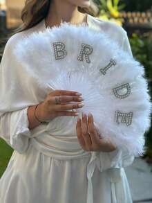 1PC Elegant Pearl Decorative Bridal Feather Fan,White Bride Fan Bride Faux Pearl&English Letter Decor White Folding Fan,Large-Size Handheld Fan For Bachelorette Party&Wedding Decoration,Sweet,Romantic&Beautiful Wedding Gift Wedding Decoration(The Fan Cannot Be Folded) - Multicolor - View 2