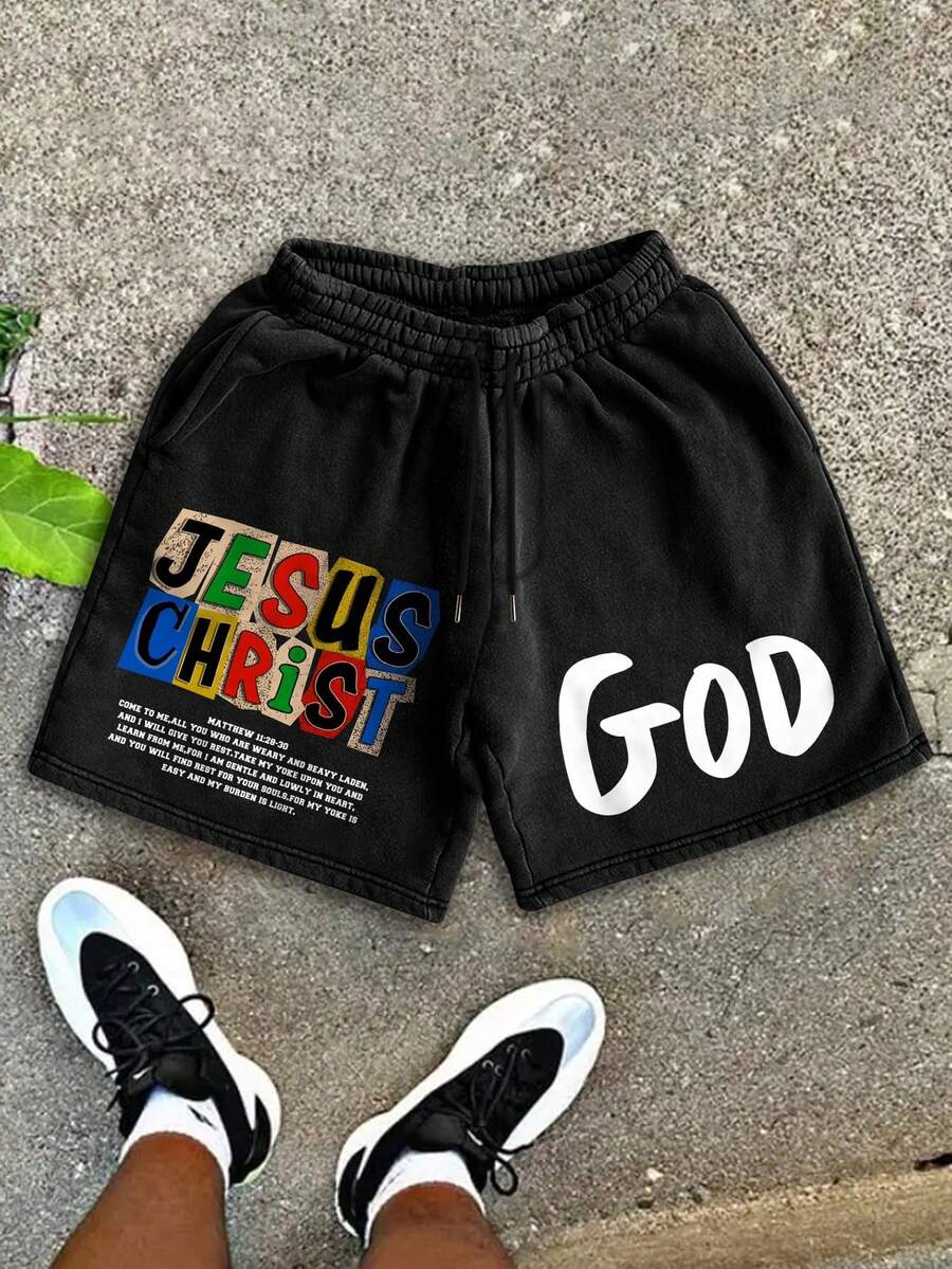 Men's Solid Color Letter Print Drawstring Waist Pocket Loose Casual Sports Shorts - Black - View 1