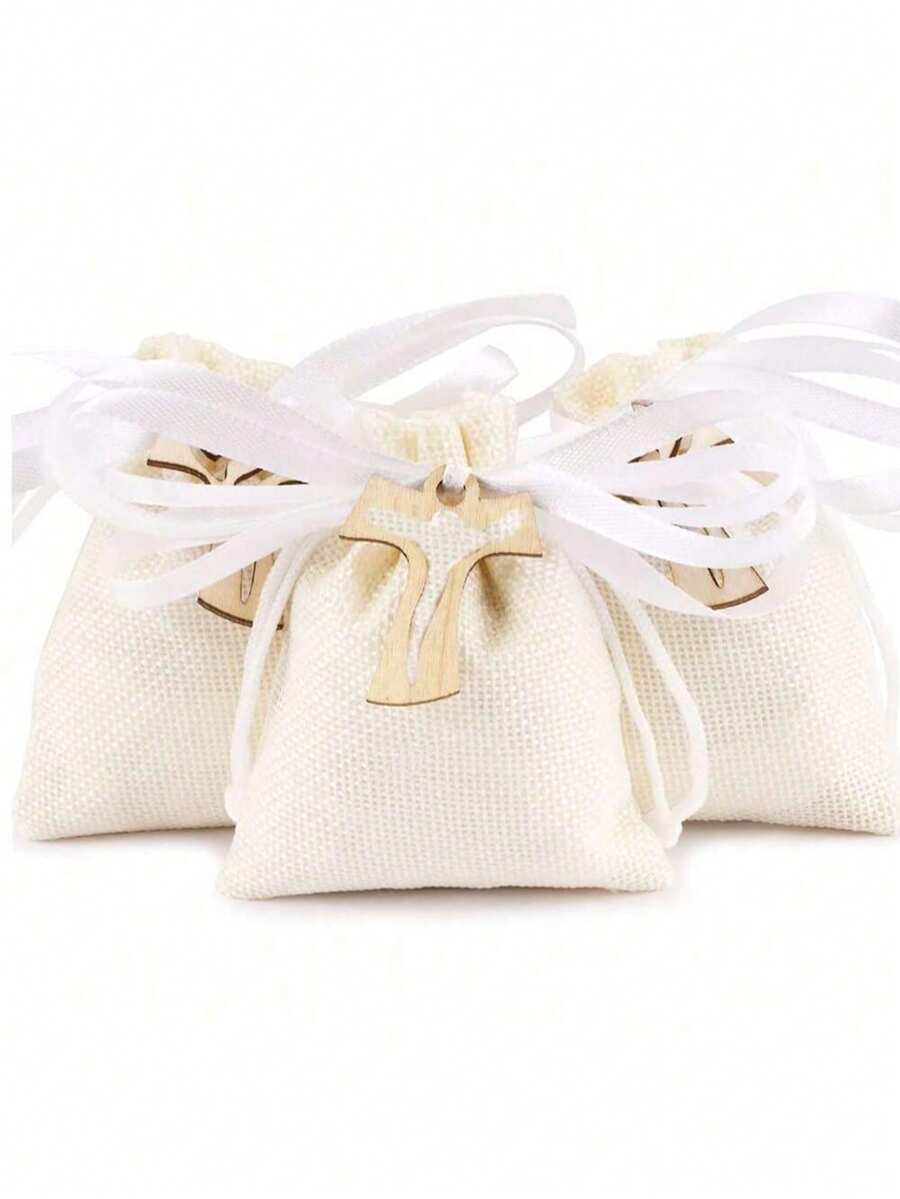 24pcs 10x8cm Burlap Bags Packaging, 24pcs Cross Wood Boards, Multicolored Paper Confetti, Silk Ribbons, Baptism Wedding Decorations - White - View 1