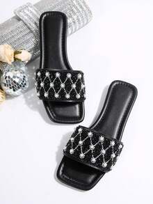 Women's One-Toe Rhinestone Sandals, Casual All-Match Outdoor Plastic Flat Slippers - Black - View 1