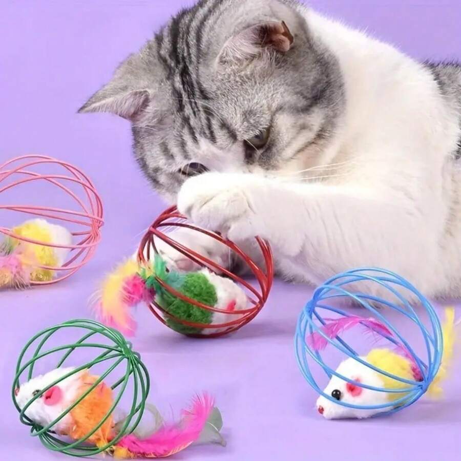 5/3/1 件互动猫玩具，配有真毛尾巴和笼鼠逗猫棒 - 无需电池，色彩鲜艳的室内游戏 - 送给宠物和宠物爱好者的完美节日礼物