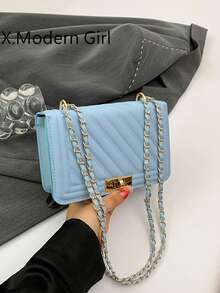 时尚新款纯色PU压花迷你单肩包街头通勤斜挎包简约女士链条小方形手提包 - 淺藍色 - 查看 2