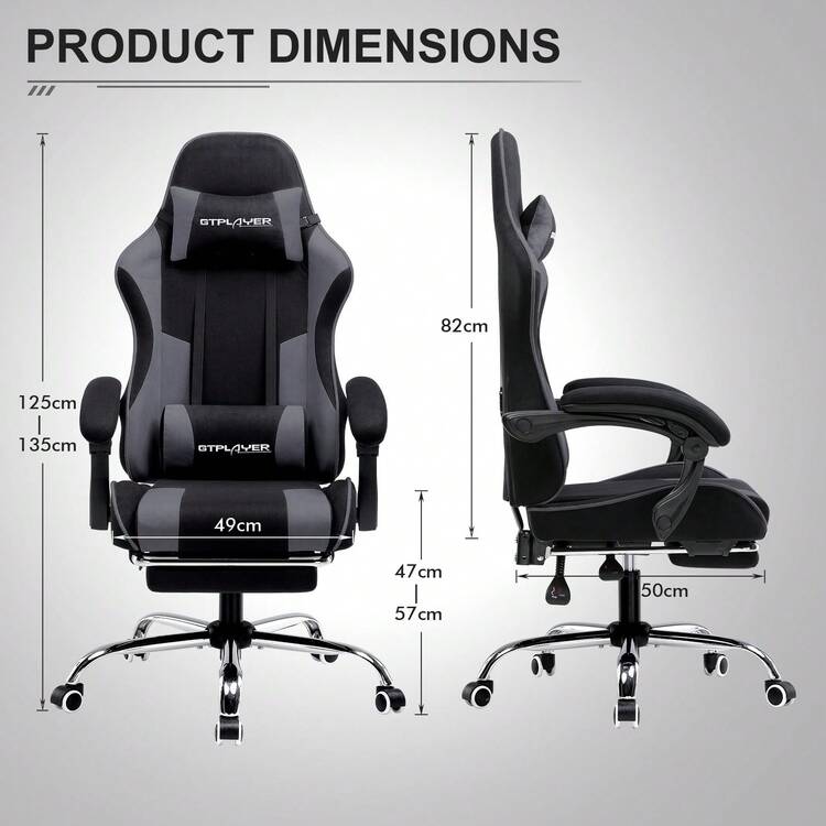 Fabric Gaming Chair, Massage Ergonomic Computer Chair With Footrest, Lumbar Support, Headrest, Height Adjustable Home Office Reclining PC Racing Chairs, Grey - Xám - Xem 4