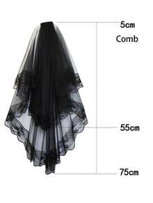 1 pieza Velo negro de doble capa con peine, adecuado para boda, cosplay, fotografía, accesorio elegante de boda, estilo impresionante - Multicolor - Ver 2