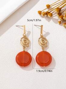 1 Pair Bohemian Vintage Women Elegant Earrings, Swirl Spiral Round Pendant Orange Resin Earrings, Fashionable Jewelry For Party, Festival And Everyday Wear