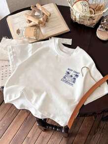 Camiseta casual sencilla de niño con estampado de naturaleza, estilo de playa de verano con montañas, mar y árboles, cuello redondo, manga corta, ropa de niños de verano nueva con parte superior de manga corta