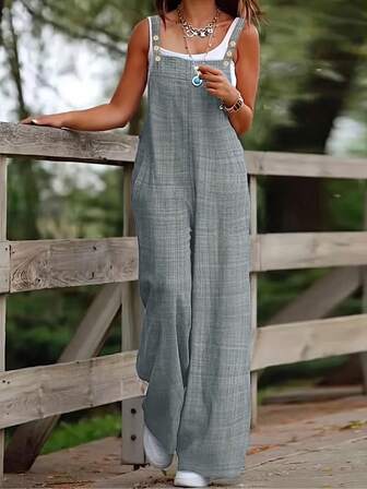 Women's Summer Casual Spaghetti Strap Button Pocket Jumpsuit