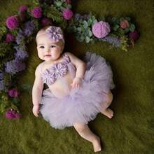 Conjunto de Saia Tutu e Faixa de Cabeça para Bebês Recém-Nascidos, Faixa de Chiffon com Flor, Faixa de Renda para Bebê e Criança Pequena, Acessório de Fotografia