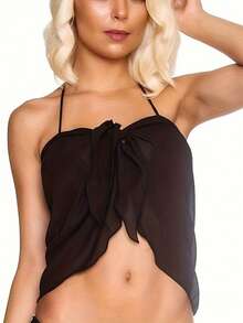 2 件/1 件短款雪纺多功能三角比基尼罩衫沙滩裙，时尚纯色，豹纹，斑马纹围巾披肩，性感泳装沙滩裙 - 黑色 - 查看 8