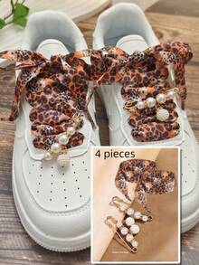 4 件豹纹鞋带 + 胸针珠，涤纶材质适合运动鞋、帆布鞋，易于护理且轻便，带有动物纹理细节和精致的珠饰（不含鞋子） - 紅棕豹紋+米白 - 查看 8