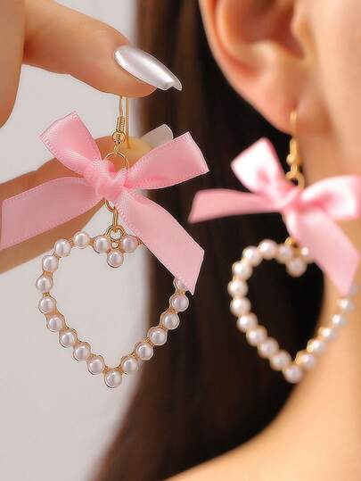 2pcs Cute Bowknot Ribbon & Faux Pearl Heart Earrings, Fashion Women's Valentine's Day Gift, Elegant Jewelry For Classy Ladies, Suitable For Party, Wedding, And Daily Wear