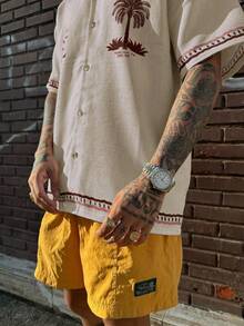 2025 休闲男士棕榈树图案短袖衬衫，时尚街头服饰，春夏 - 粉色 - 查看 4