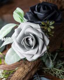 25Pcs Artificial Roses Flowers Fake Roses With Stems Real Touch Foam Flowers For DIY Wedding Bouquet Baby Shower Centerpiece Floral Arrangement Party Home Decor(Dark Red) - Grey - View 5