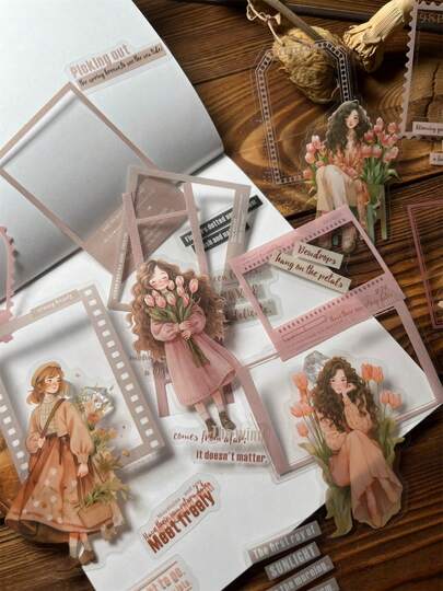 25 قطعة/عبوة إطار شخصية مقاوم للماء من ال-PVC بطابع قديم، مجموعة ملصقات بنقوش الفتاة والنصوص، للتزيين في الاسكرابوكنج والمفكرات والدفاتر المدرسية، لوازم مدرسية للعودة إلى المدرسة