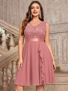 Plus Deep V-Neck Sequin Lace Contrast Ruffle Hem Chiffon Formal Evening Party Swing Dress - Dusty Pink - View 9