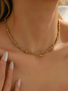 1pc Fashion Twist Design Necklace, Stainless Steel Beads Decor Snake Chain Necklacee, Minimalist Sexy Collarbone Chain Accessory, Suitable For Women For Daily Or Party Decoration