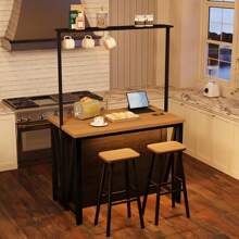 Wooden Kitchen Island With Power Outlet & LED Lights, Bakers Rack With Storage, Large Kitchen Island Table With 3 Tier Microwave Stand Oven Shelf, Coffee Bar Table With 6 Hooks, White