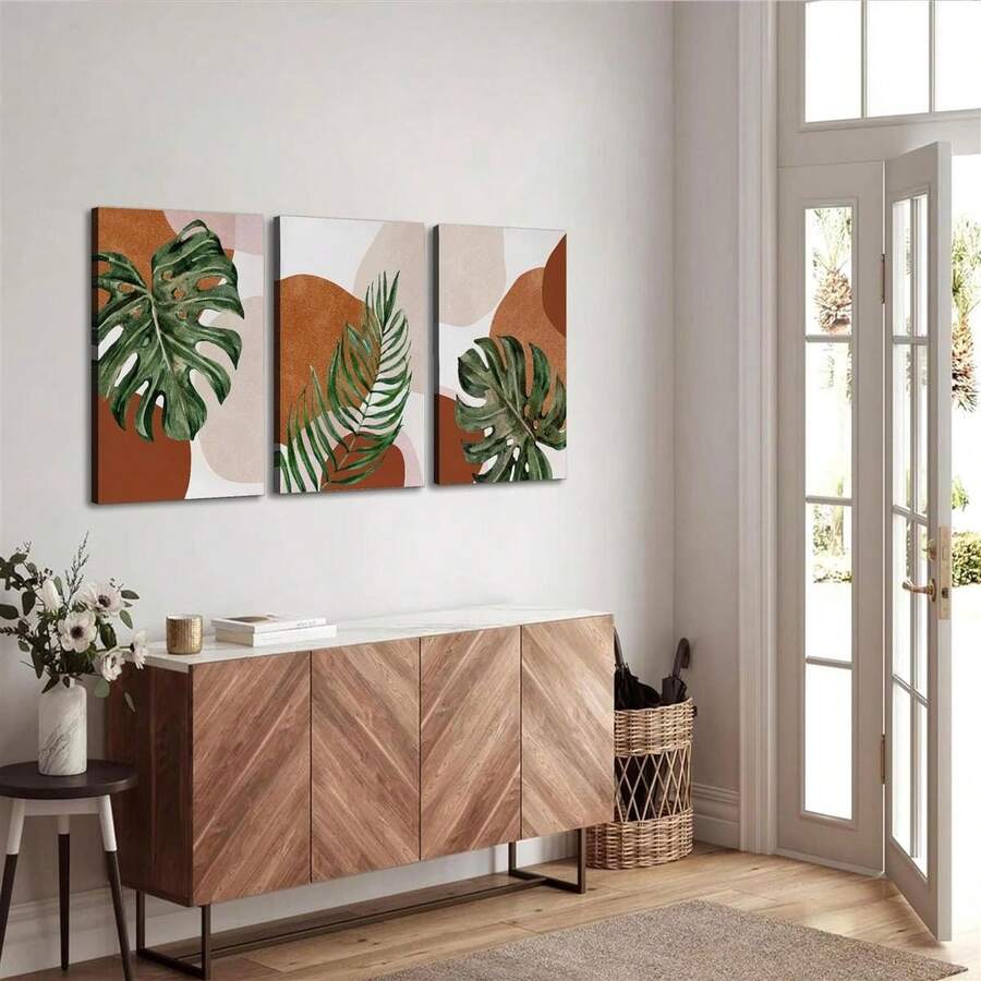 3 piezas Arte de pared de lona con hojas abstractas en estilo bohemio, con marco de madera en tonos geométricos neutros verde, marrón y beige, póster impermeable para dormitorio, hogar y decoración del dormitorio, idea de regalo, decoración de habitación estética - 3 piezas/juego - Ver 1