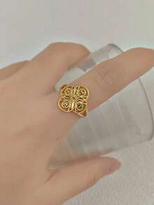 女士复古浮雕戒指，小众设计三叶草、心形、叶形镂空戒指，18K镀金，奢华中东复古珠宝，日常百搭魅力礼物 - 金色 - 查看 5